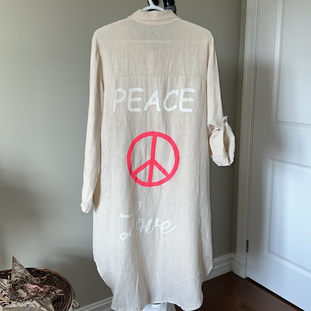 Sz S-M⭐️NWT Angela Mara Sand 💯% Italian Linen Peace Sequin Shirt Dress PTP 22”